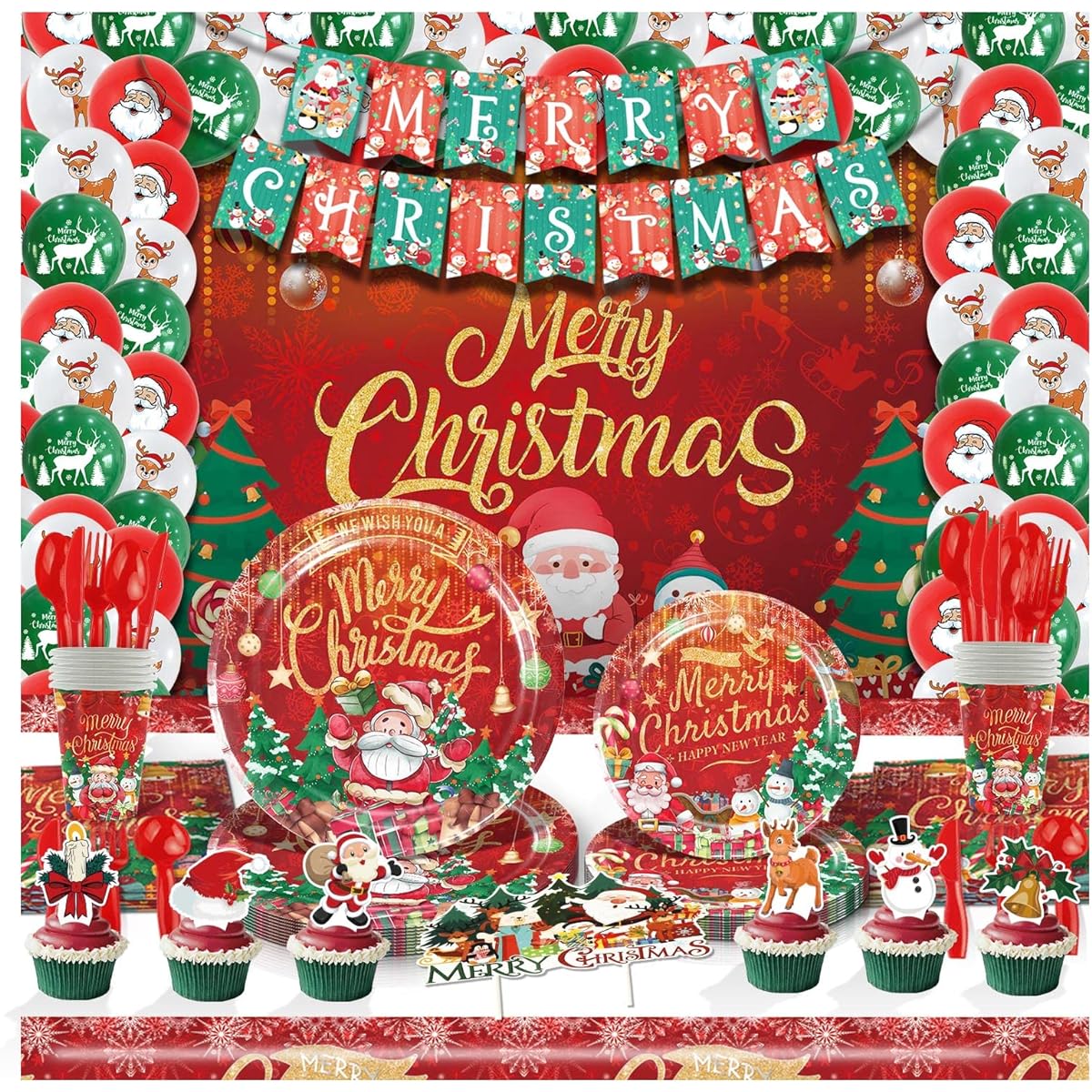 Draywitt Christmas Party Supplies, Christmas Paper Plates and Napkins, Heavy Duty Christmas Paper Plates and Napkins, Cups, Tablecloth, Banner, Cutlery, Total 267 Pieces