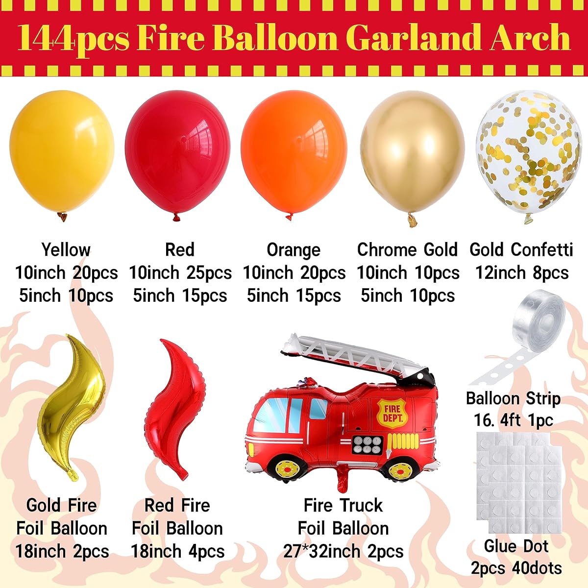 Enanal Fire Balloon Garland Arch Kit 144pcs Red Yellow Chrome Gold Balloons Fire Truck Firefighter Party Supplies Kids Birthday Fireman Rescue Theme Party Decorations (Fire)