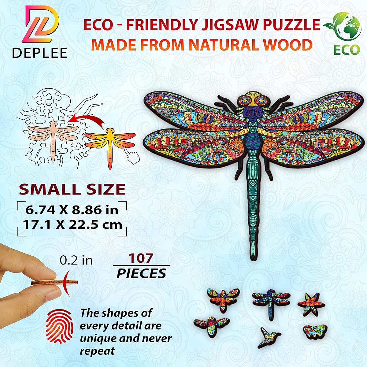 DEPLEE Wooden Puzzle for Adults Dragonfly Wooden Jigsaw Puzzle Unique Shape Wooden Animal Puzzle Creative Challenge for Kids Adults Family Friends | 87 Pieces - 6.74" x 8.86" (17.13 x 22.51cm) - Small