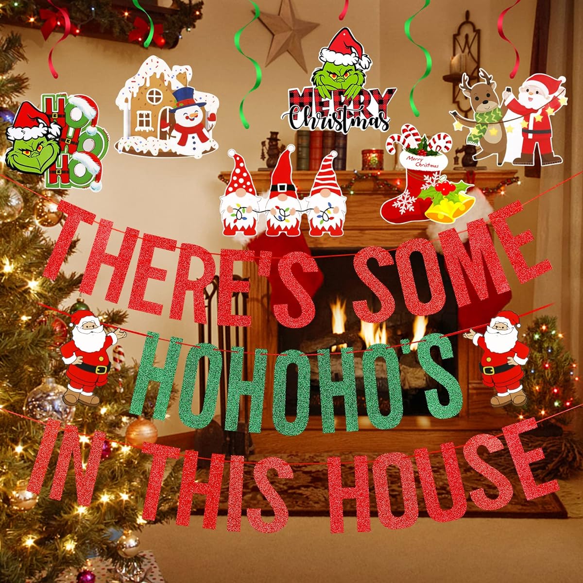 There's Some Ho Ho Hos in This House Banner Red Green Glitter Funny Christmas Banner Decoration Christmas Holiday Party Banner Christmas Holiday Office Fireplace Mantle Home Decoration