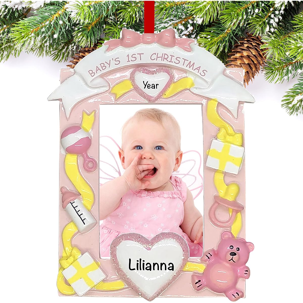 Pink Baby 1st Year Old Christmas Photo Frame - (Unique Christmas Tree Ornaments - Classic Decorations for Holiday Parties - Custom Decorations for Family, Kids, Babies, Military Sports and Pets)