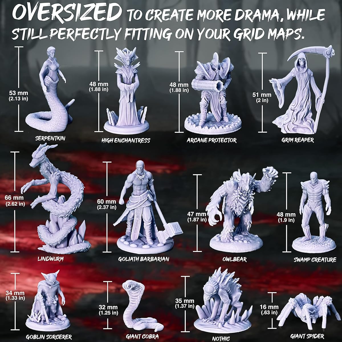Underdusk Extra Large DND Miniatures for Tabletop Games | Highly Detailed D&D Minis | Grey/Paintable RPG Monster Bosses (Pack of 12)