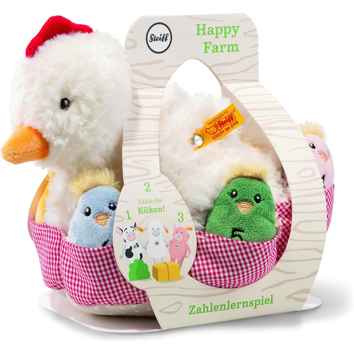 Steiff- Happy Farm Educational Game “I Learn Numbers” Plush, 241208, White/Multicolor