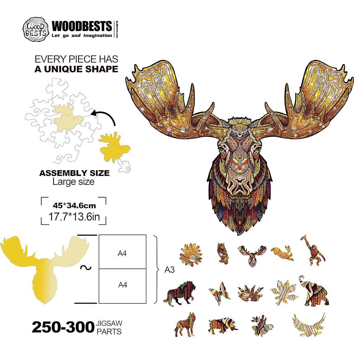 Woodbests Wooden Jigsaw Puzzle for Adults and Kids, Wood Cut Puzzle, Animal Shaped Puzzle, Great Gift (Large-17.7 x 13.6 Inch - 270 Pieces, Majestic Moose)