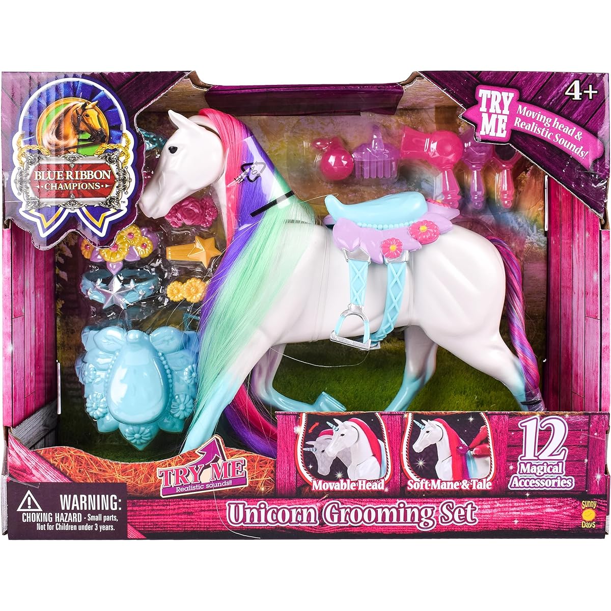 Sunny Days Entertainment Blue Ribbon Champion Unicorn Grooming Set - Fantasy Toy Horse with Sounds and 12 Grooming Accessories