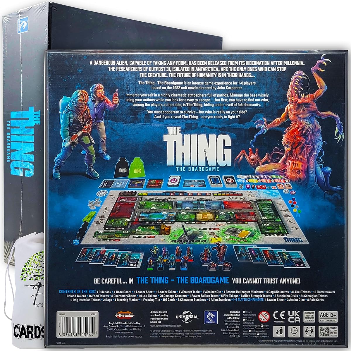 The Thing: The Board Game Base Plus Norwegian Outpost Expansion and Human Miniature Set Includes Random Color Drawstring Bag