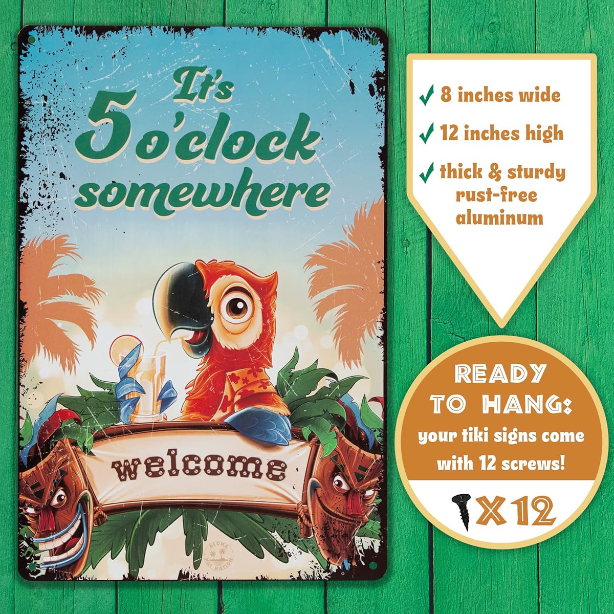 Aloha Nui Tiki Bar Signs Set of 3 Tiki Bar Decorations Outdoor Tiki Bar Open 5 O'clock Place and Polly Wants Cocktails 8" x 12" with 12 Screws Tiki Decor Luau Decorations
