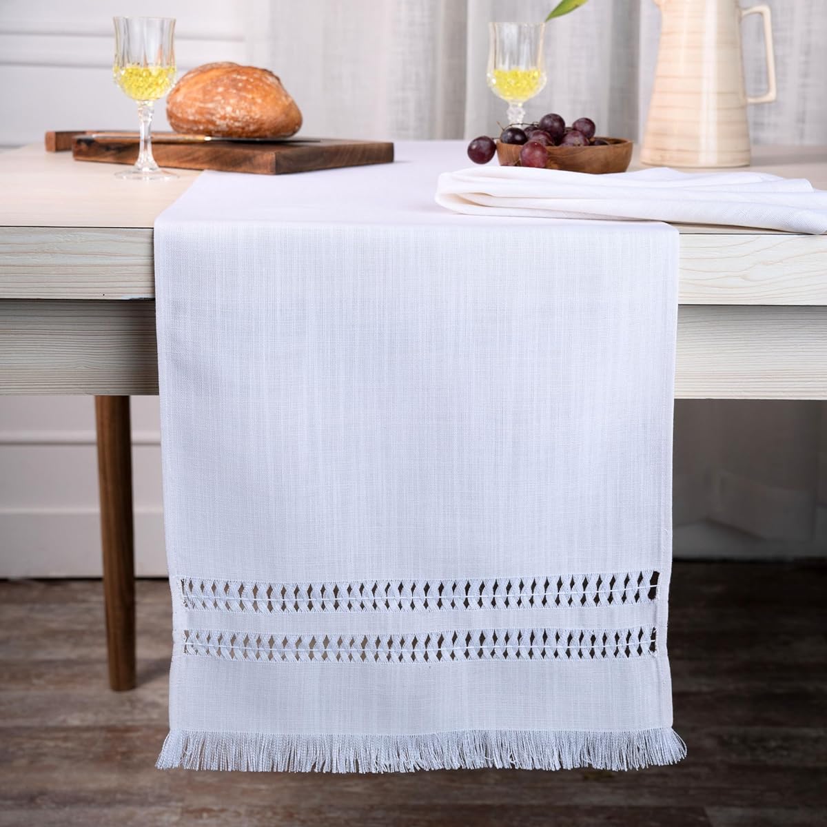 D'Moksha Chambray Cream and White Table Runner, 108" Long, Linen Table Runner, Christmas Table Runner, Heavyweight Recycled Fabric, Machine Washable, Hand Hemstitched, 14" x 108"