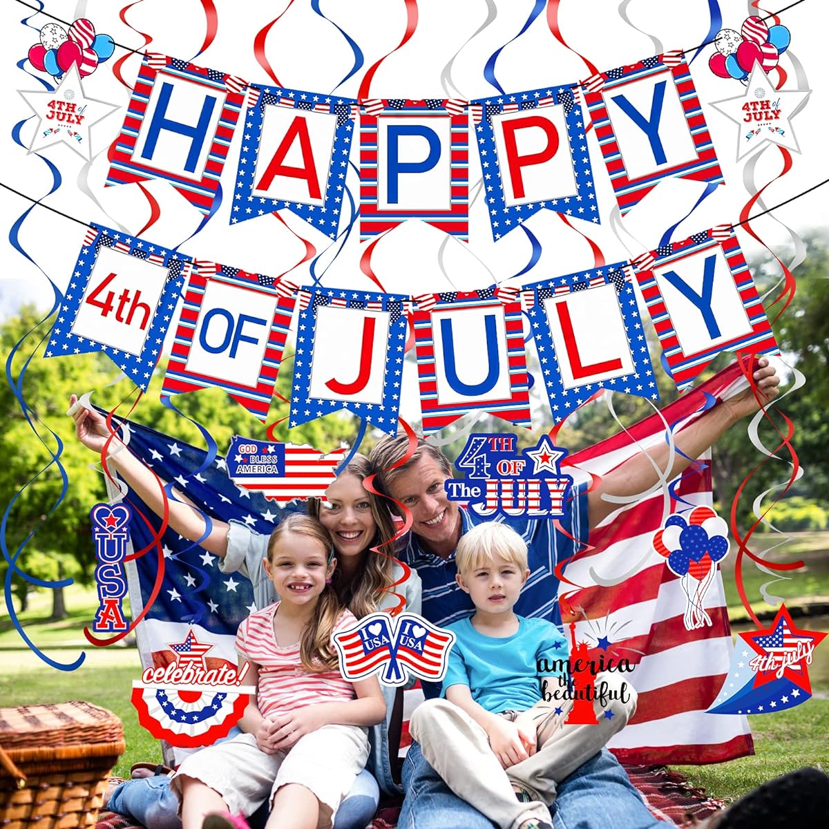4th of July Decorations - 4th of July Happy Banner Red White and Blue with 16pcs Patriotic Hanging Swirls Party Decorations Supplies, 4th of July Decorations, Red White and Blue Party Decorations