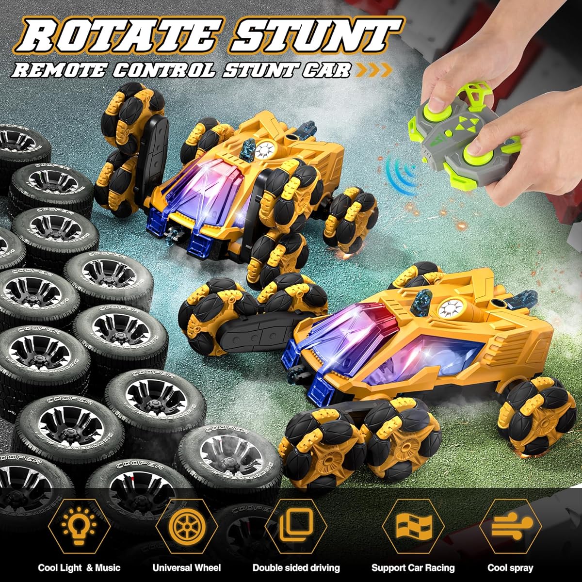 MSMV Gesture Sensing RC Car 6 Wheel RC Car 6WD Drift Stunt Off-road Truck Racing Toy with Smoke Function Light Rotating Car Yellow