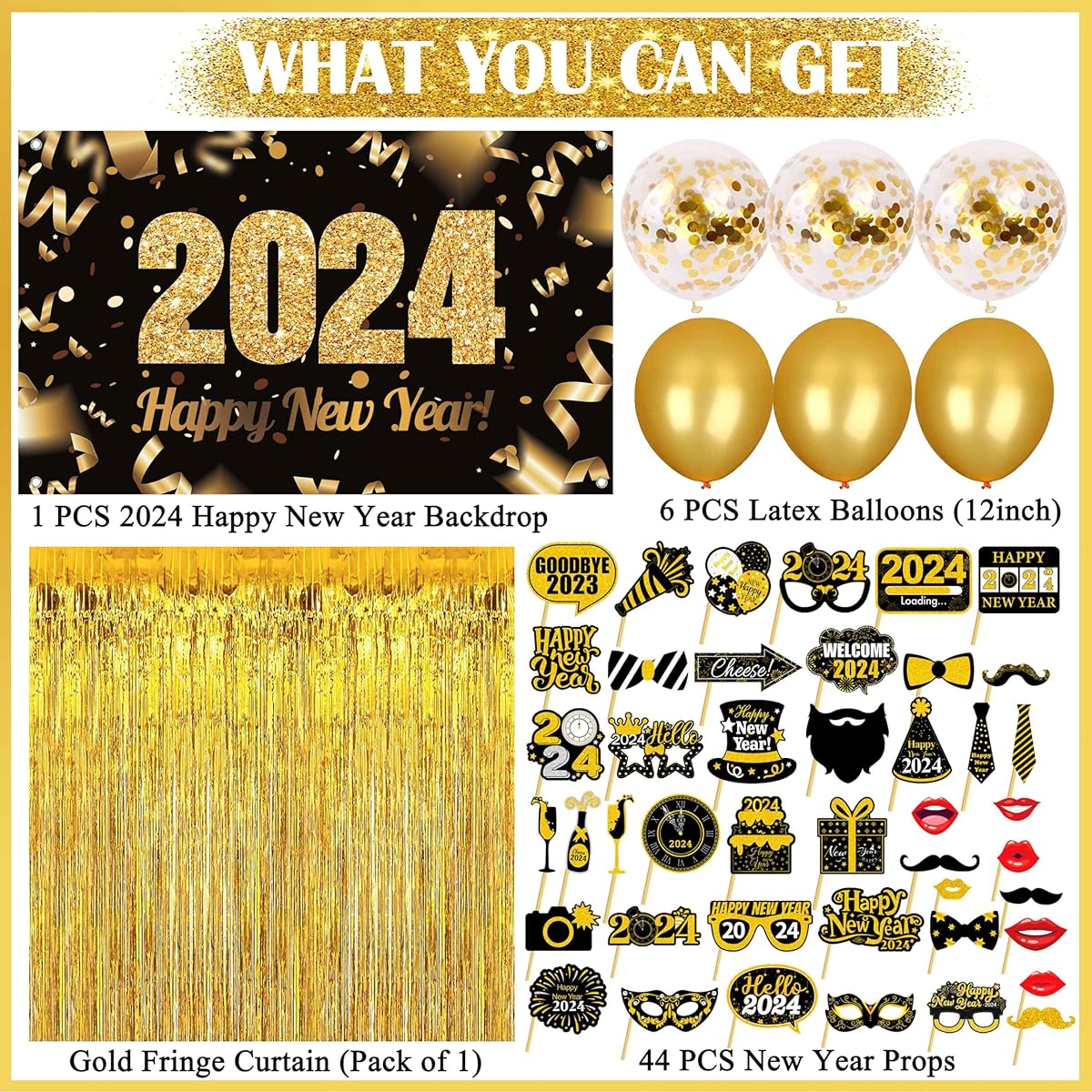 Happy New Year Decorations 2023 Black & Gold Happy New Years Backdrop New Year Photo Booth Props Latex Balloons Gold Fringe Curtains New Year's Eve Party Supplies 2023