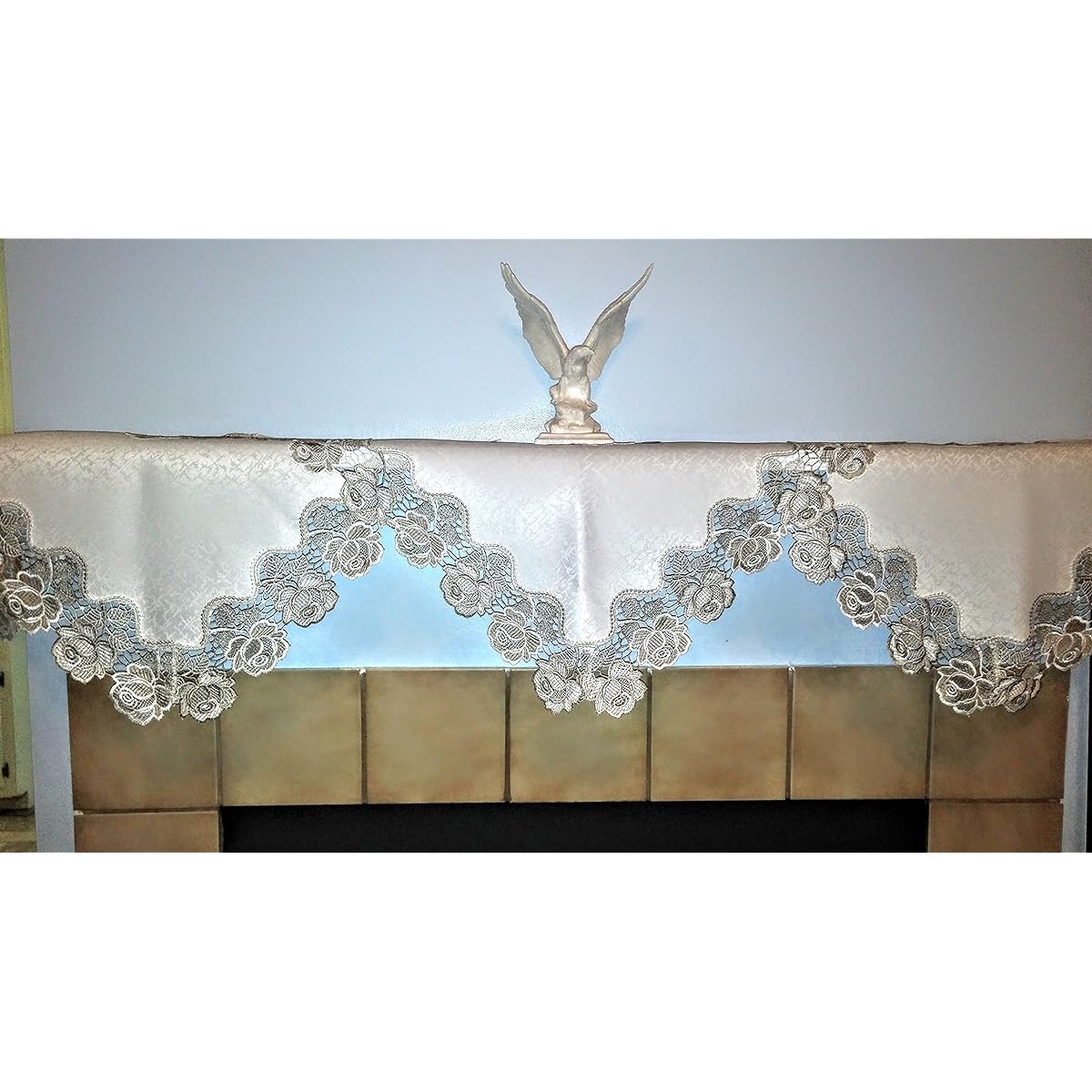 Fireplace Mantel Scarf with Taupe and Antique White Lace Roses Handmade, Size 80 x 20 Inches