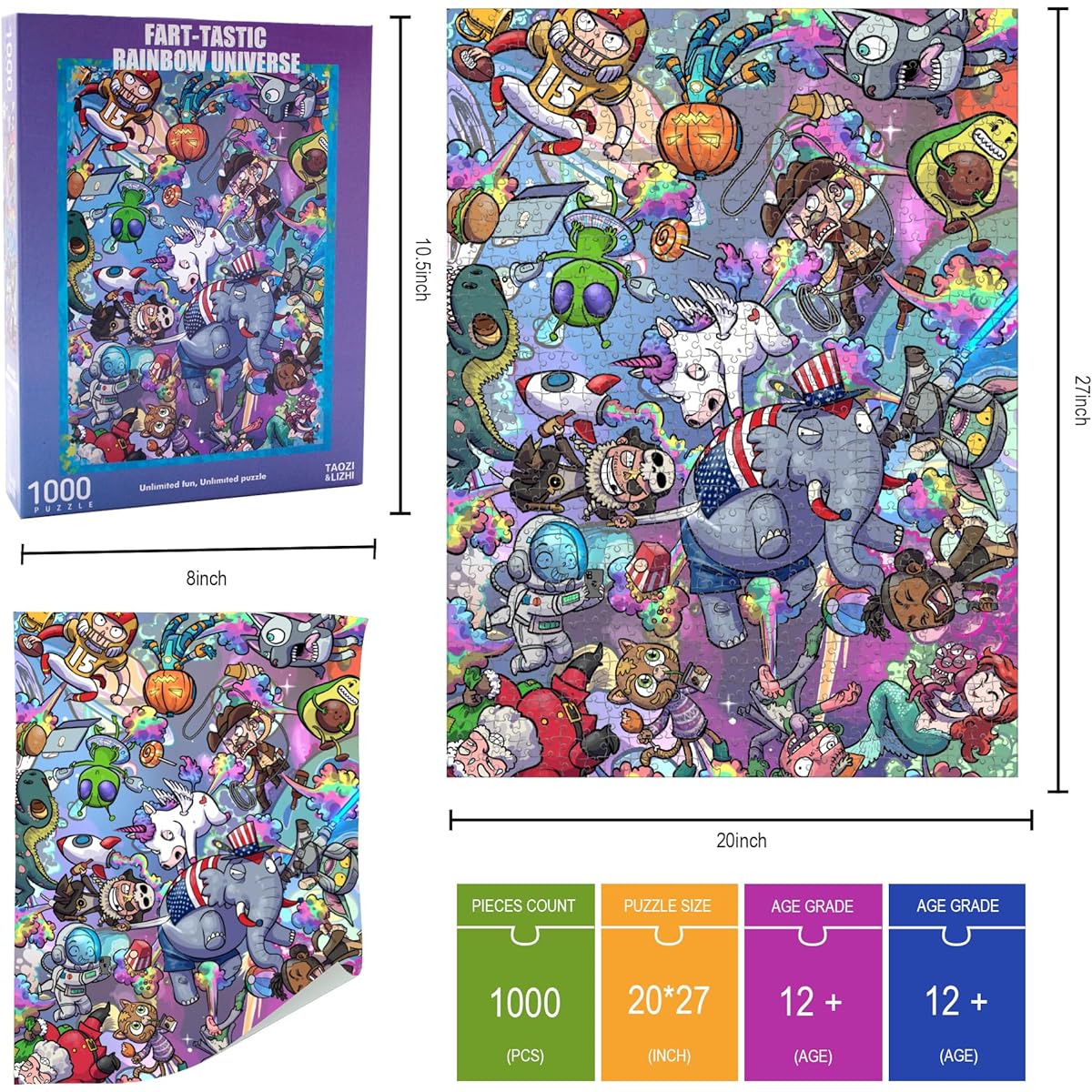 TAOZI&LIZHI Original 1000 Piece Puzzle Fart Rainbow Universe Dust-Free Leisure Animal Puzzle Colorful Funny Art Puzzle Adult Picture Gag Gift 20 x 27 Inch