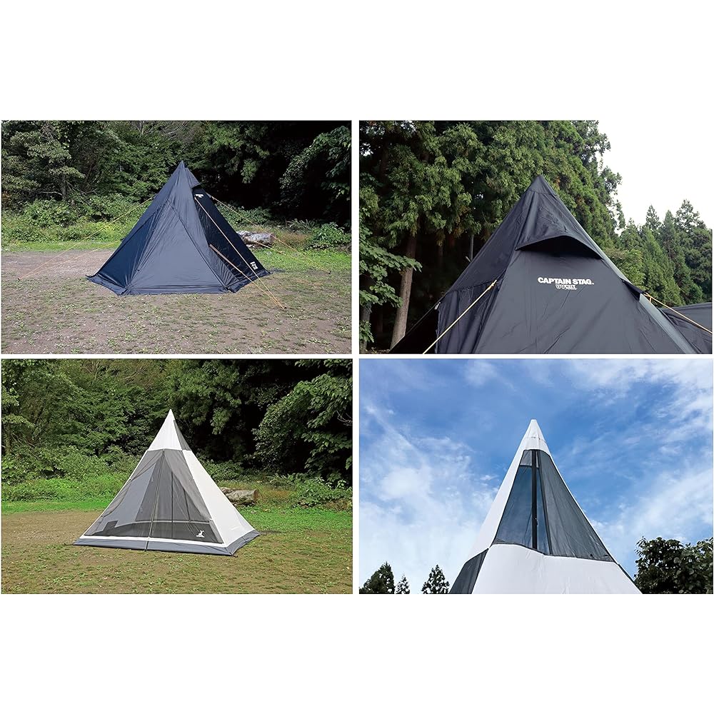 CAPTAIN STAG Tent Teepee One Pole Tent for 4 People UV Protection Water Pressure Resistant Fly 2000mm/Floor 3000mm Ventilation Equipped Black CS Black Label UA-70