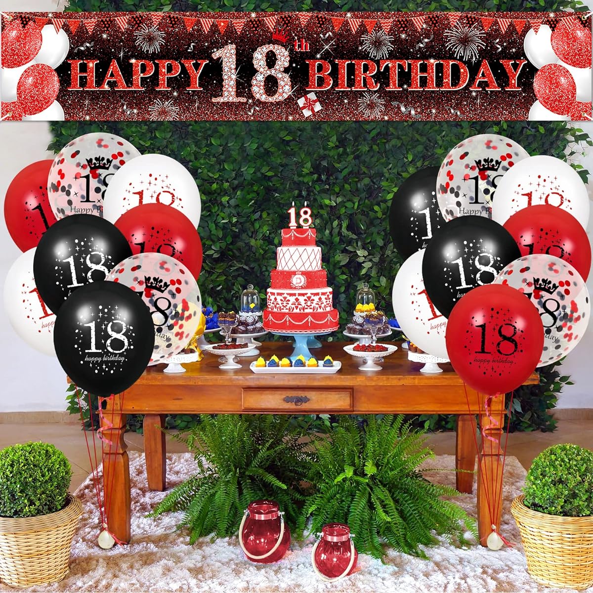 VXTRRI 18th Birthday Decorations, Red Black Glitter 18th Birthday Banner Yard Signs, 16pcs Red Black 18th Birthday Latex Balloons for 18th Birthday, Anniversary Party Supplies