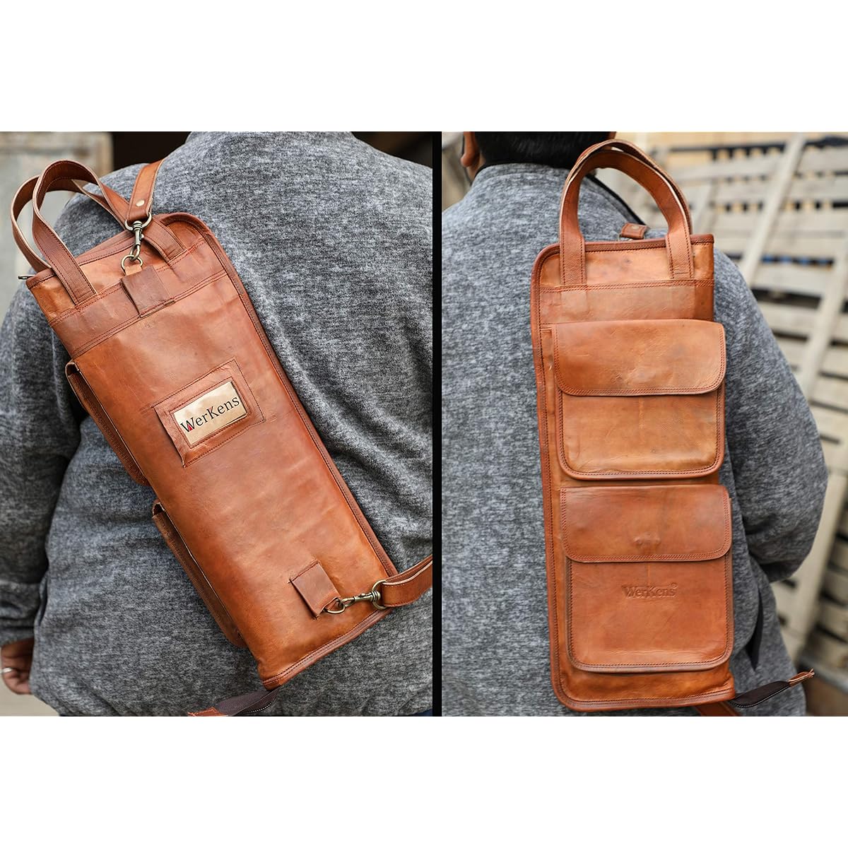 WerKens Handmade Genuine Leather Drumstick Bag 100% Original Leather Percussion Drumstick Bag Holder Mallet Bag Floor Tom Hook - DSB003