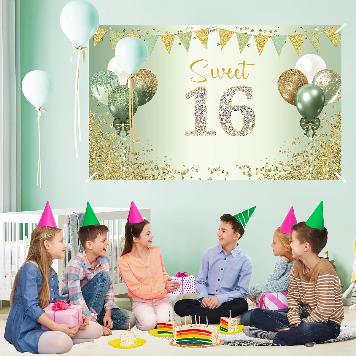 Tintisfafa Sweet 16th Birthday Decorations for Girls Sage Green 16th Birthday Banner Backdrop Happy 16th Birthday Decorations Green Sweet 16 Party Decorations