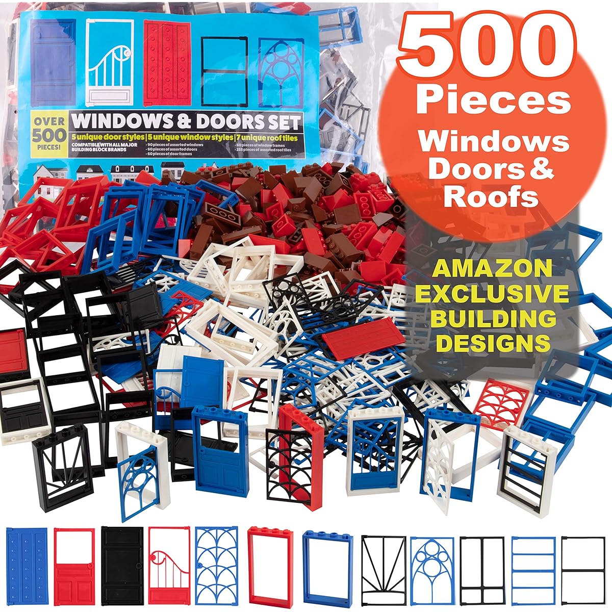 Windows, Doors and Roof Blocks Set for Modular House Building - 500+ Unique Doors and Windows 10 Limited Edition Variants - Securely Fits All Major Brands