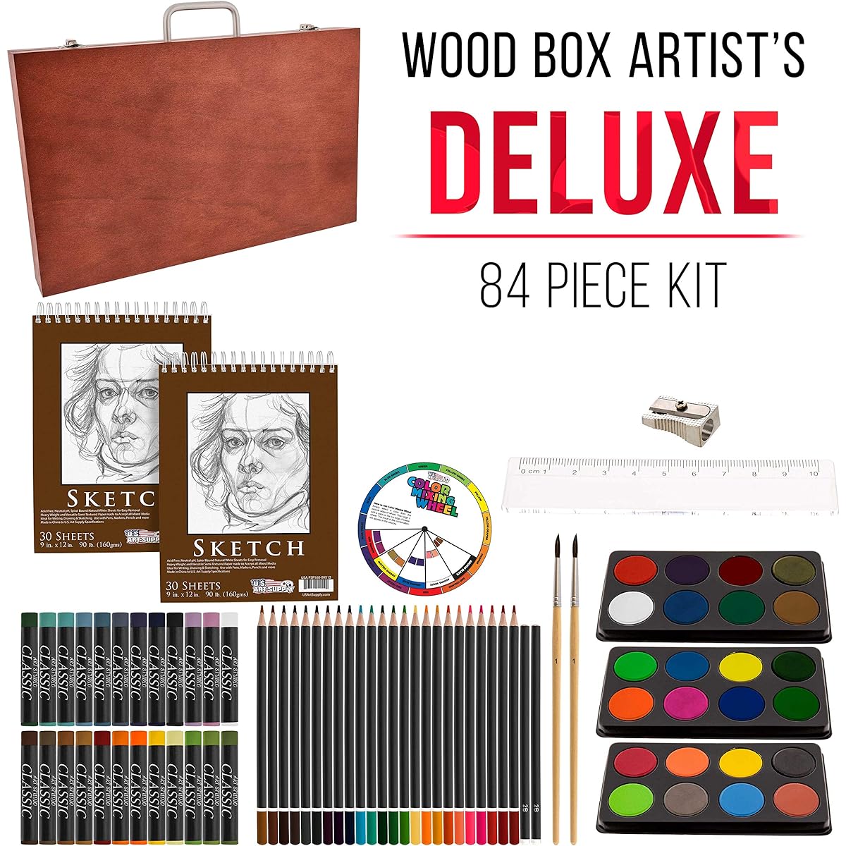 US Art Supply 82 Piece Deluxe Art Creativity Set in Wooden Case with 9x12 90lb 30 Sheet Sketch Pad by US Art Supply
