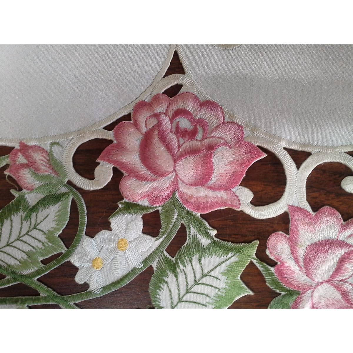 Table Runner Embroidered with Victorian Pink Roses on Ivory Fabric, Size 34 x 15 Inches