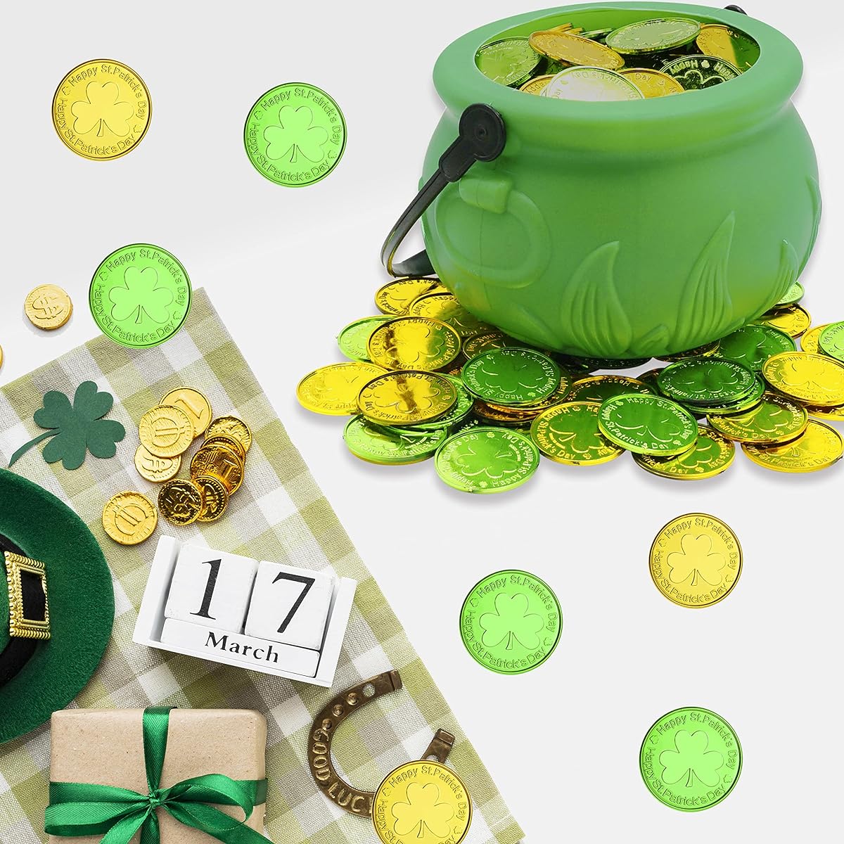 4E's Novelty 5" St. Patrick's Day Pot of Gold with 100 Lucky Coins - Green Pot of Gold Cauldron Plastic Bucket