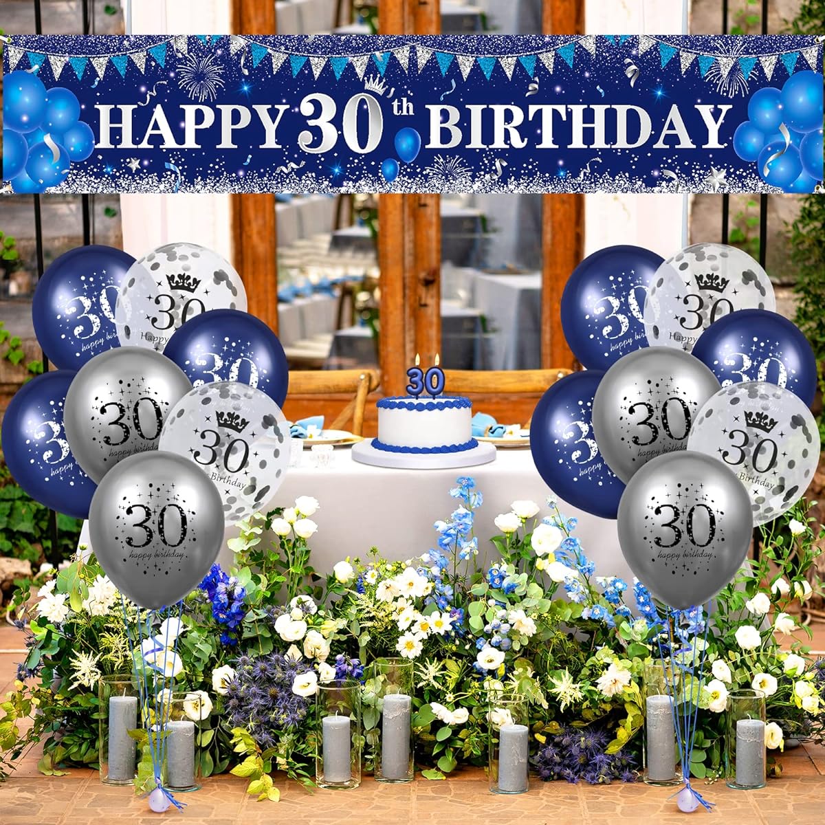 Blue 30th Birthday Decoration Men's Women's Navy Blue Silver 30th Birthday Yard Banner Blue 30th Birthday Balloon 30th Birthday Anniversary Party Decoration Supplies