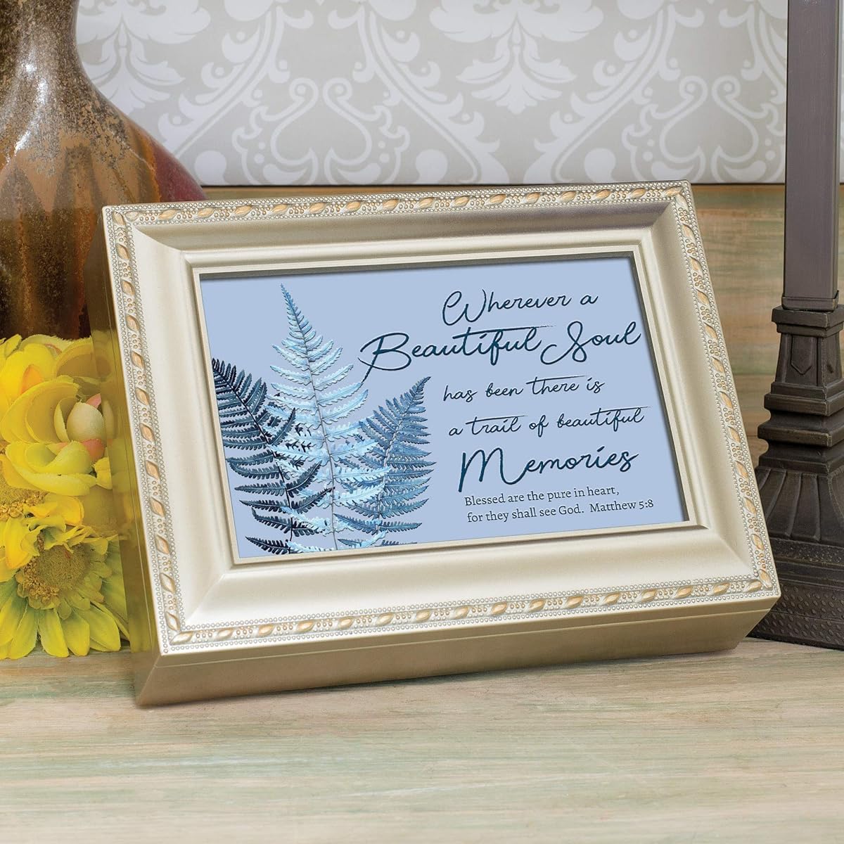 Cottage Garden Inspirational Rope Trim Music Box Melodic Songs 8x6 White MB2234SC