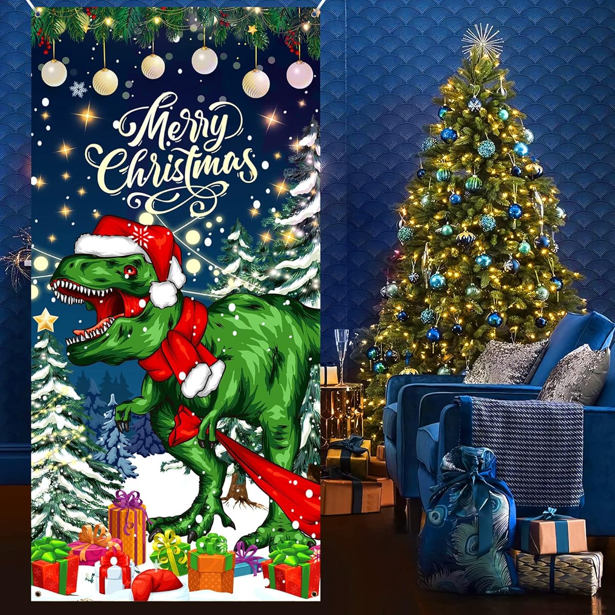 Merry Christmas Door Cover Banner Decorations Large Christmas Dinosaur Door Decor Dinosaur Themed Christmas Holiday Door Backdrop Yard Sign Funny Christmas Party Photo Background 73x36inch