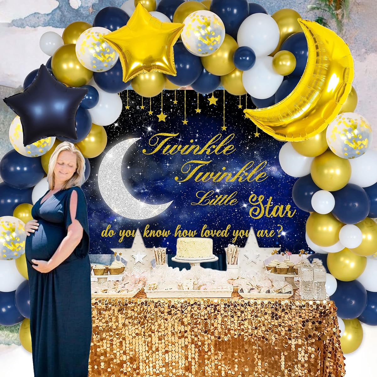 Twinkle Twinkle Little Star Baby Shower Decorations Boys Navy Blue & Gold Balloon Garland Kit Star & Moon Foil Balloons Twinkle Twinkle Little Star Backdrop Supplies