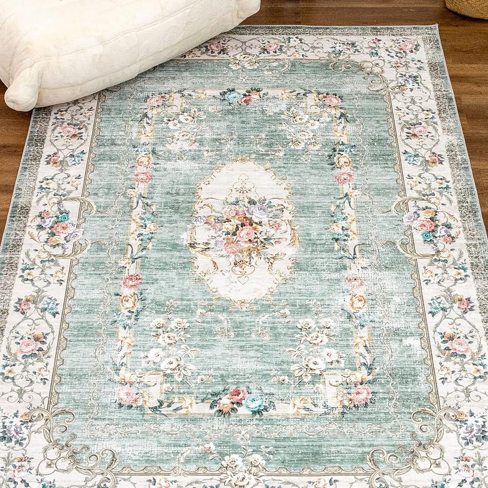 DECOMALL Carpet 3 Tatami Persian Rug Rug 200X250CM Washable Floral Pattern All Seasons Lightweight Green Anti-slip Green Dust Mite Resistant Odor Resistant Compatible with Floor Heating