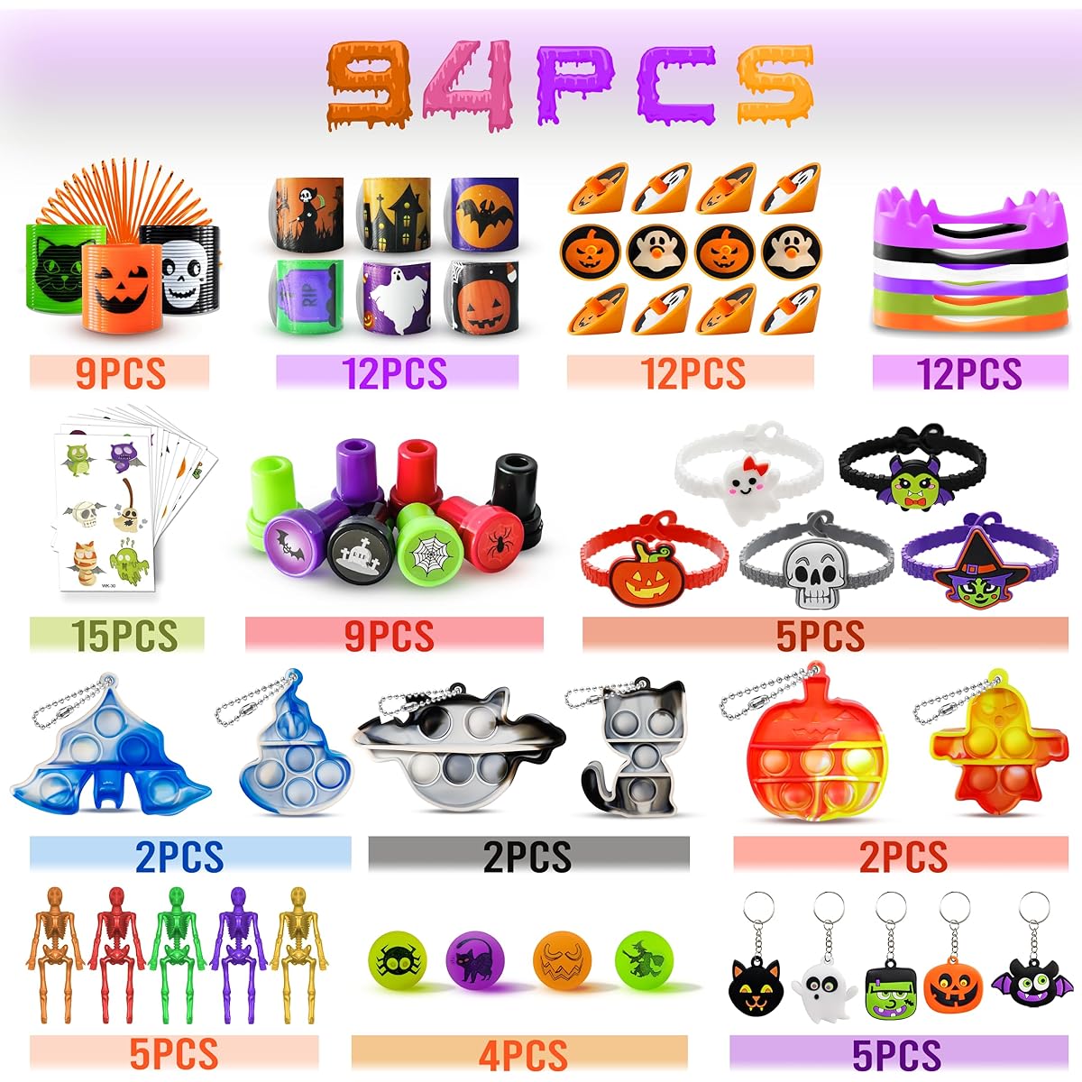 RBONIGHT 94pcs Halloween Party Favors, Treat Bag Fillers, Kids Gifts, Halloween Goodies, Classroom Giveaways, Bulk Halloween Bag Toy Stuffers