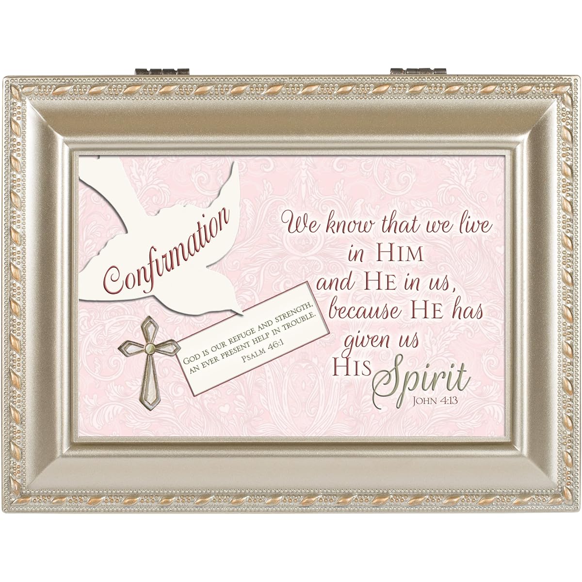 Confirmation Live in Him Cross Champagne Silver Finish Music Jewelry Box Plays Amazing Grace