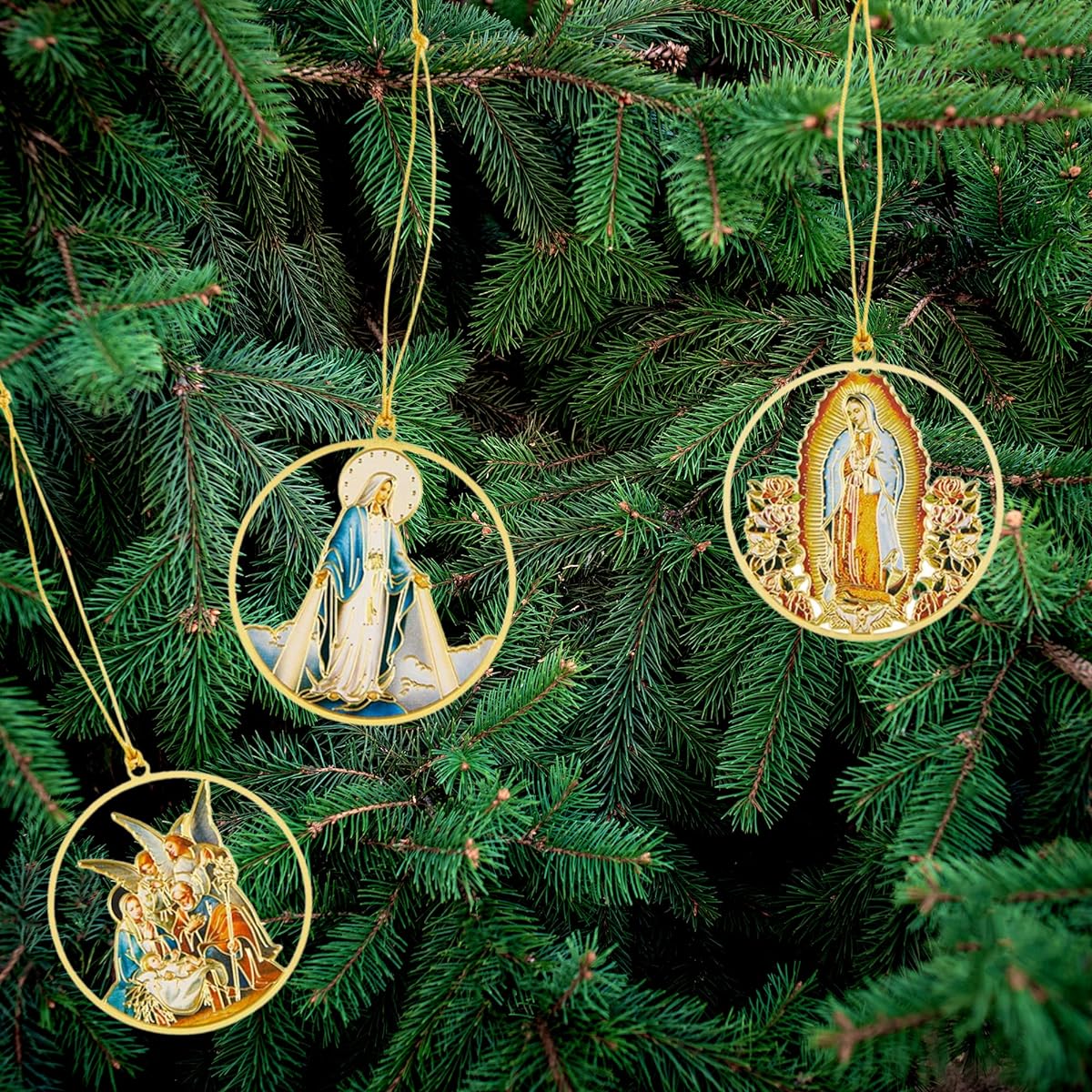 Religious Christmas Ornaments Hanging Round Cutout Catholic Brass Decorations for Wood, Wreath, Wall, Stocking Stuffers for Teen Boys or Girls, Set of 3