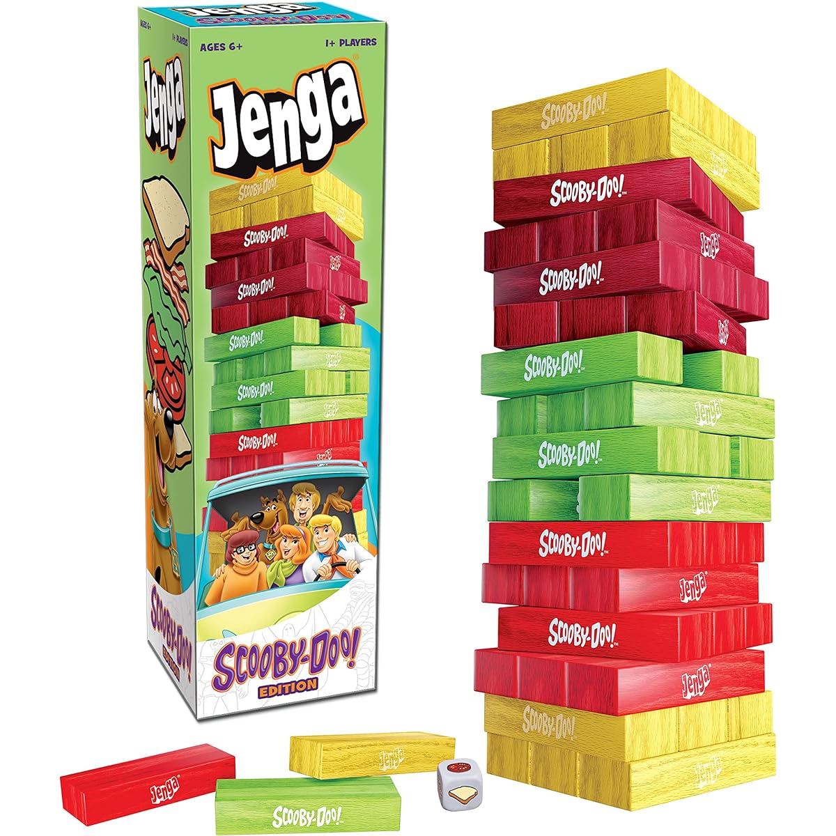 Jenga Scooby-Doo Edition | Build a sandwich tower for Shaggy & Scooby | Based on the classic cartoon franchise Scooby-Doo | Collectible Jenga game | Unique gameplay with custom dice