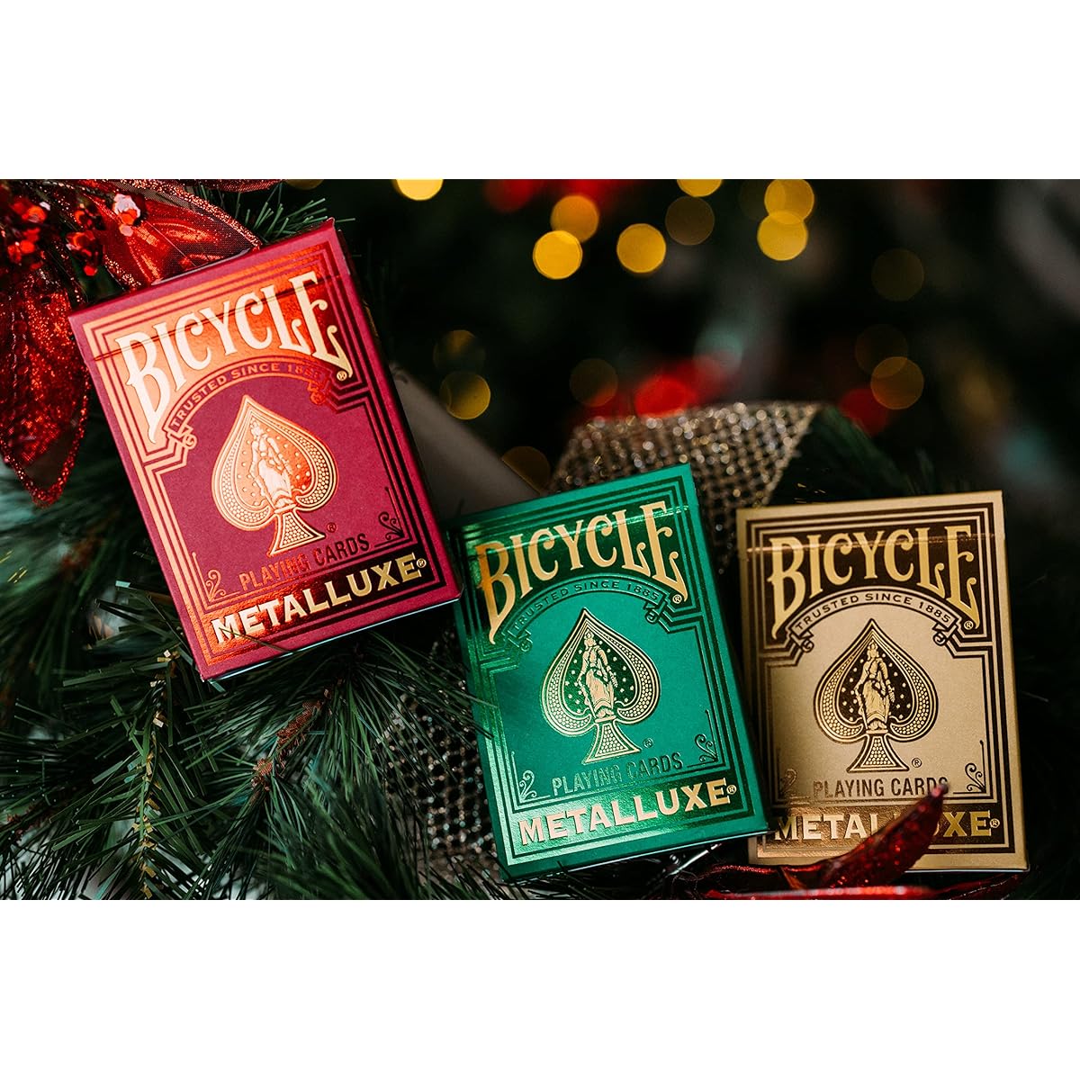 Bicycle Metalluxe Holiday Bundle | 3 Deck Full Collection | Gold, Green, Red Decks | Limited Edition Premium Series | Includes 5 x 16mm Ace Dice
