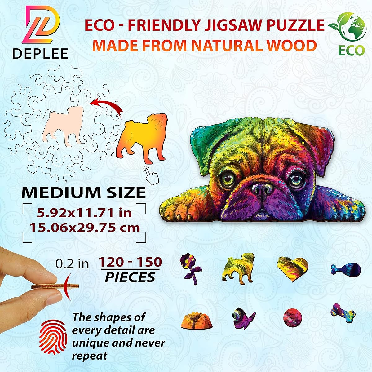 DEPLEE Wooden Puzzle for Adults Pug Wooden Jigsaw Puzzle Unique Shape Wooden Animal Puzzle Creative Challenge for Adults/Family/Friends 132 Pieces 2.9x11.7"(15.06x11.7") | Medium Size