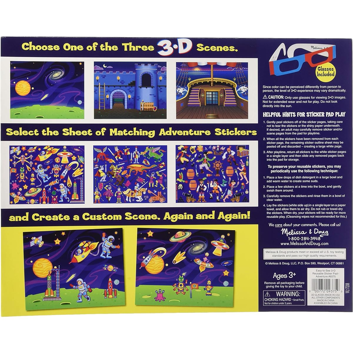 Melissa & Doug Easy-to-See 3-D Sticker Pad: Pirates, Knights, and Spaces - 110 Reusable Stickers, 3-D Glasses