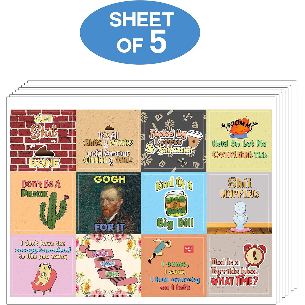 Creanoso Funny Stickers Series 1 - Sarcastic (5 Sheets) - 60 Total Stickers (5 x 12 Sheets) Individual Small 2.1 x 2 Inch Unique Personalized Theme Designs for Flat Surfaces DIY Decoration Art Decals for Kids