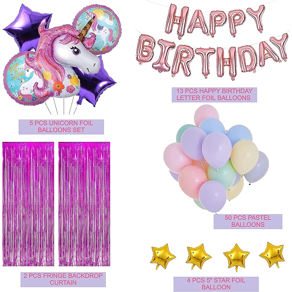 TOYXE Rubber Happy Birthday Unicorn Theme Backdrop Curtain Pastel Balloon Set 74 Pieces