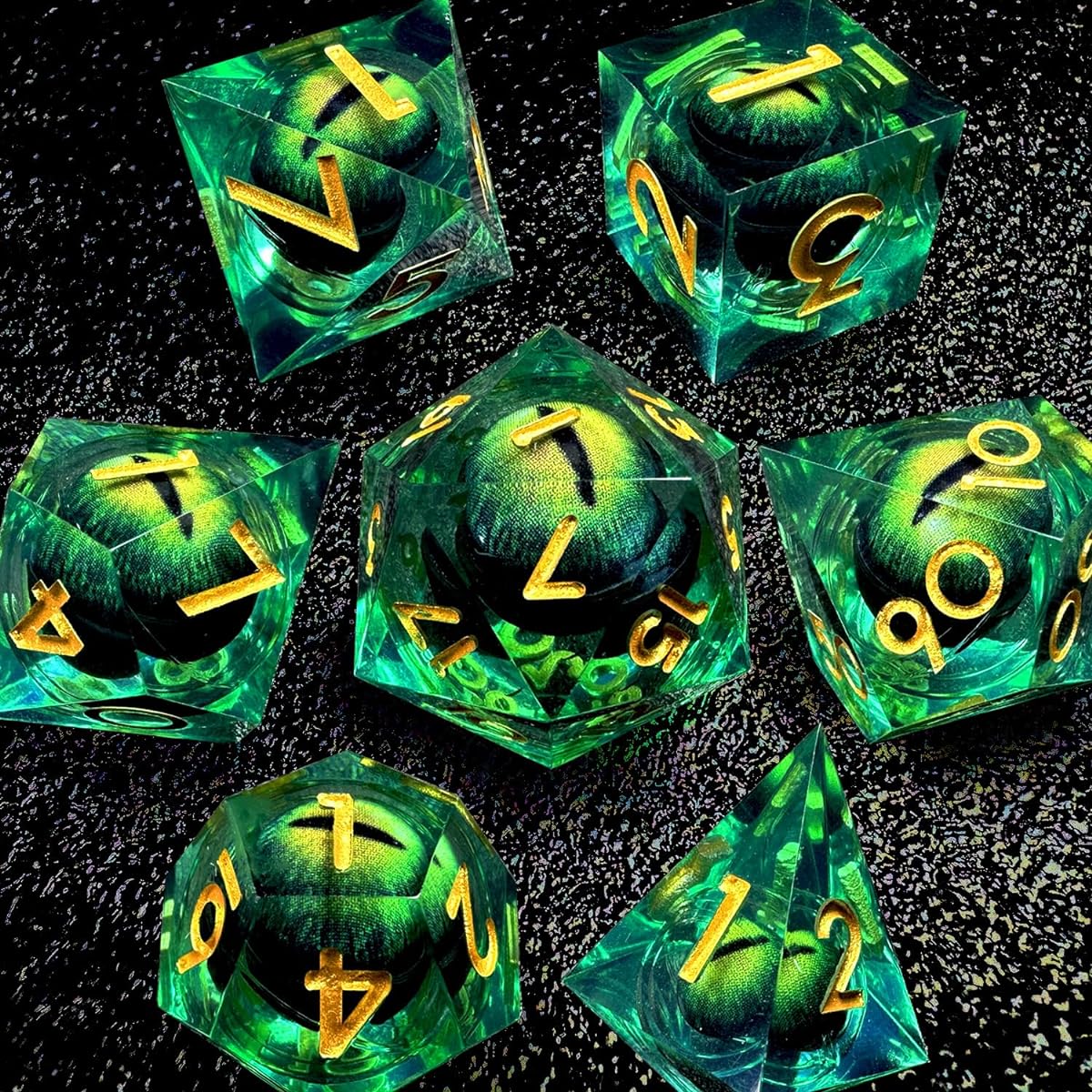 HAOMEJA DND Resin Dice Beholder's Dragon Eye Dice Liquid Core Dice Set with Gift Dragon Eye Bag Sharp Edge Dice Set 7pcs for Dungeons and Dragons Dice D20 D12 D10 D10 D8 D6 D4 (Eye Green)