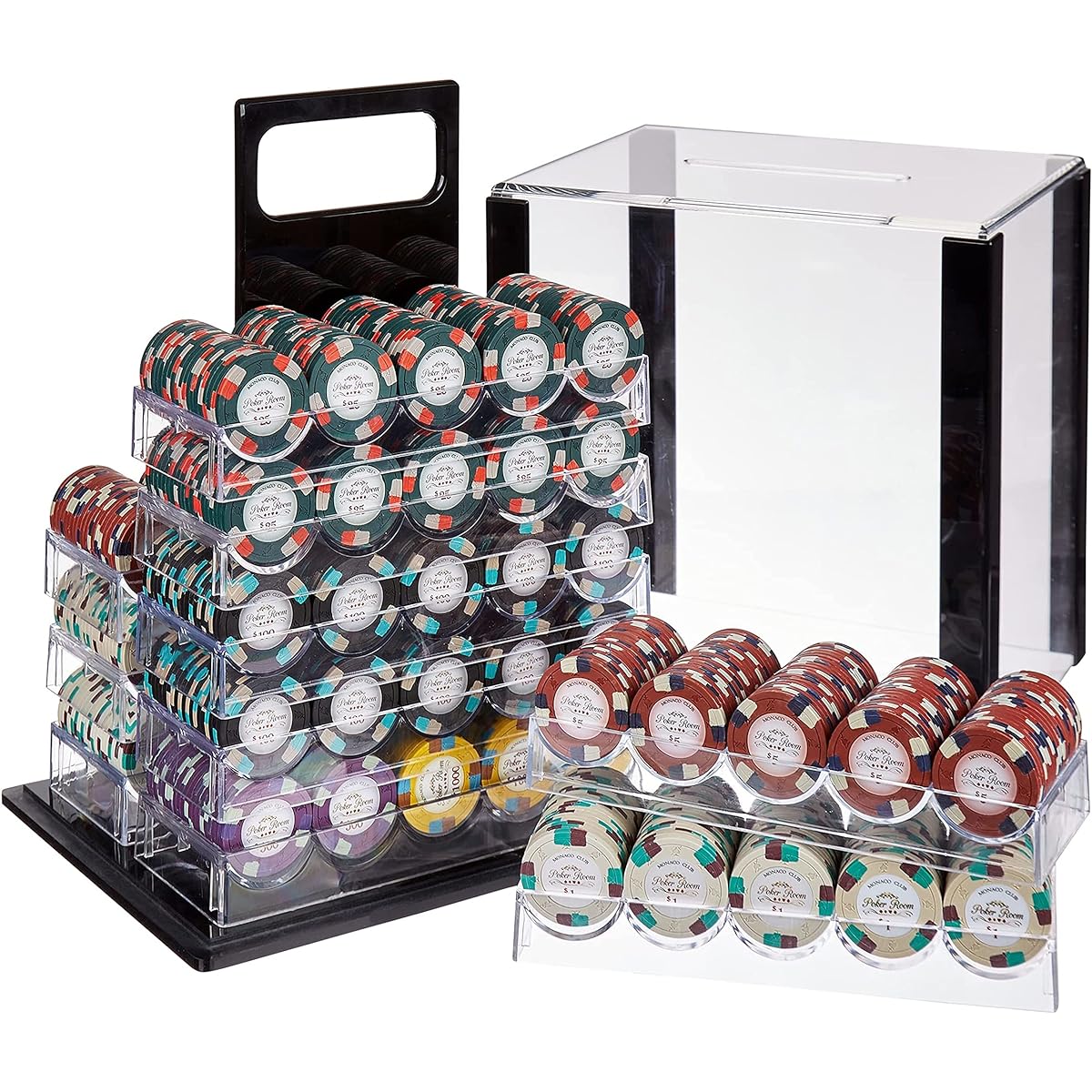 Monaco Club Poker Chip Set - 1000 Heavyweight (13.5 Gram) Clay Composite Chips with Numbers, 10 Acrylic Trays and Carry Case - Professional Casino Supplies Kit Holder Storage Container