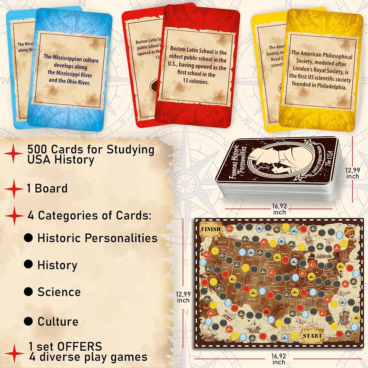 Quokka 4in1 History Trivia Game for Adults - 500 Learning Cards Chronology Board Game - Educational Game for 2+ Players for Family Night Out - Historical Personalities | History | Science