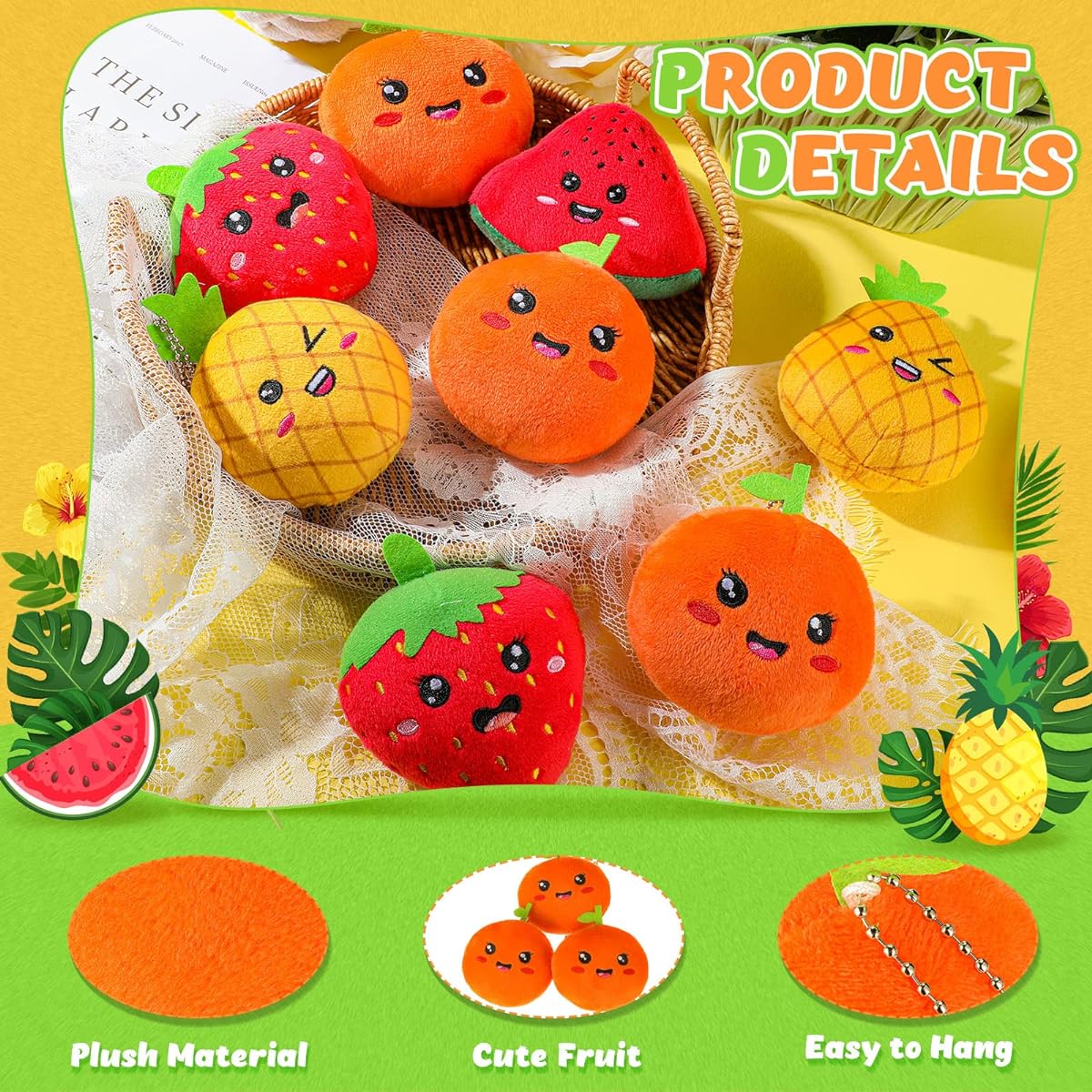 Woanger 12 Pieces Cute Fruit Stuffed Animals, 3.2" Strawberry Orange Pineapple Watermelon Plush Soft Plush Fruit Ornaments for Keychain/Backpack/Pendant/Birthday Party Favors