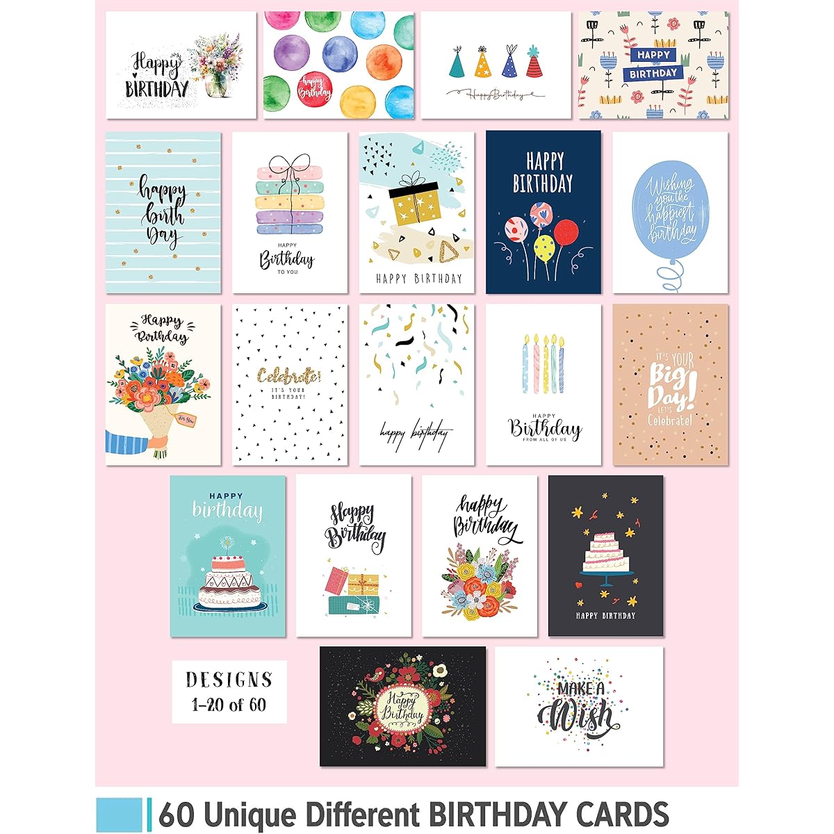 60 Assorted Happy Birthday Cards - Birthday Cards Bulk - 5x7 Assorted Variety Box Set Pack Unique Designs with Envelopes - Birthday Cards for Unisex Kids - Office - with Greeting Message
