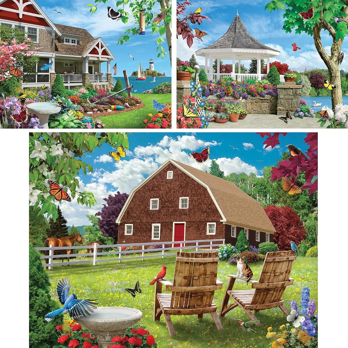 Bits and Pieces - Value Set of 3 1000 Piece Jigsaw Puzzles for Adults - Each Puzzle Measures 20" x 27" - 1000 Piece Vibrant Country Comfort, Blooming Beach House Jigsaw by Artist Alan Giana