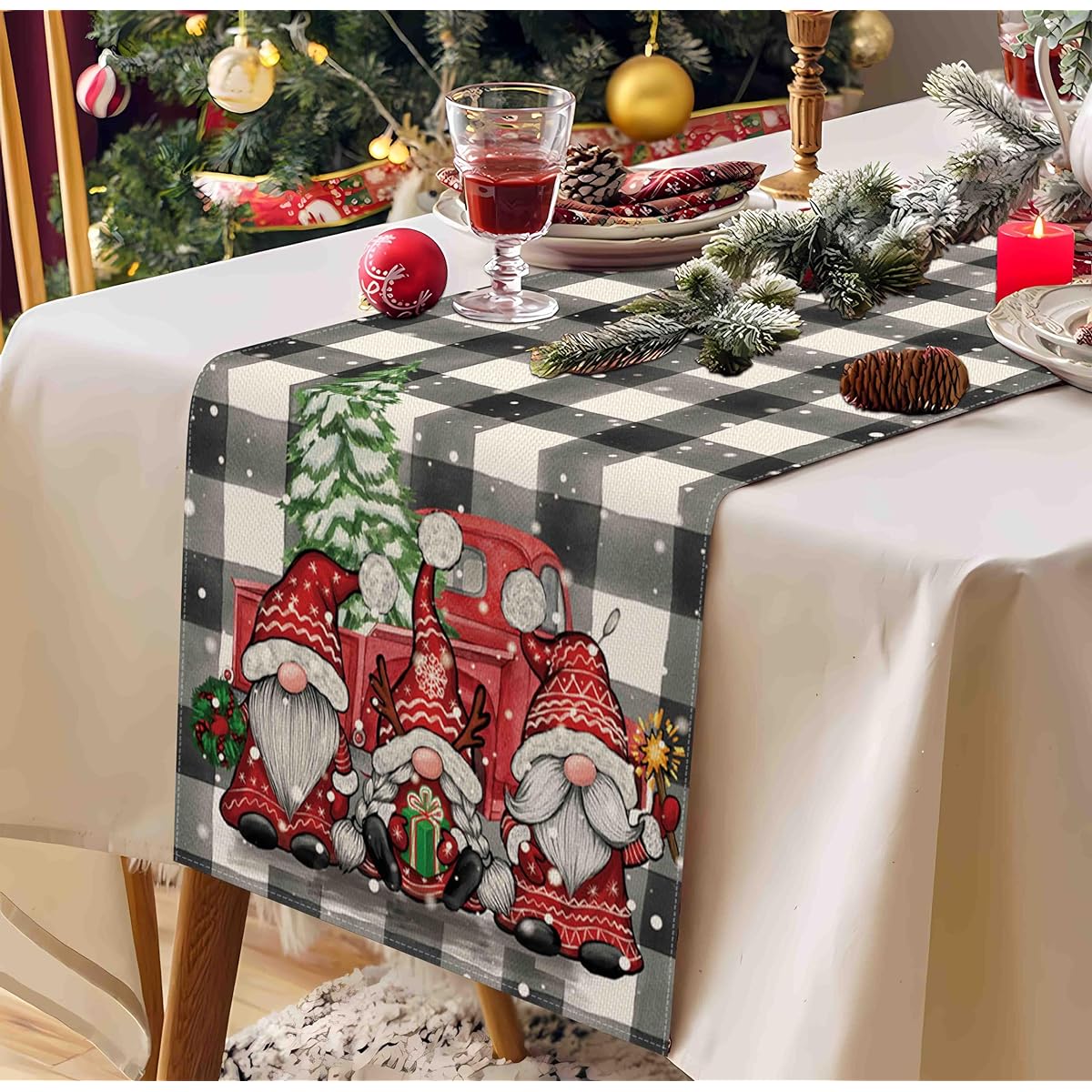 Christmas Gnome Table Runner 72" Length Winter Buffalo Plaid Gnome with Red Truck Tree Seasonal Merry Christmas Holiday Table Decoration for Christmas Kitchen Dining Party 13x72"
