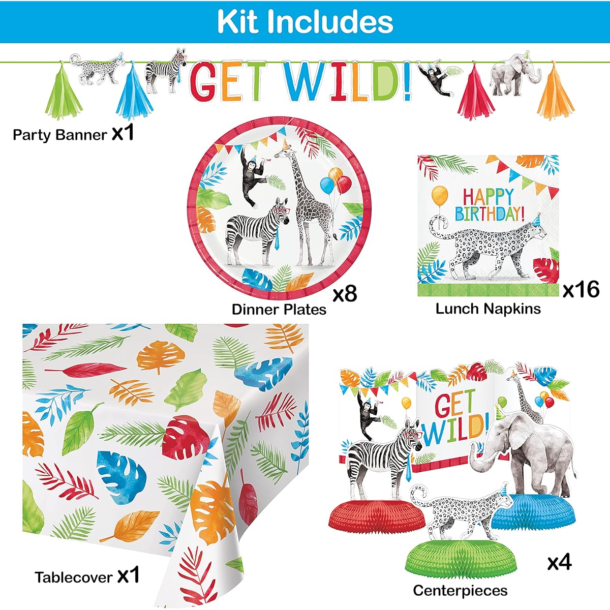 Party Animals Party Supplies & Decorations Kit 8 Servings