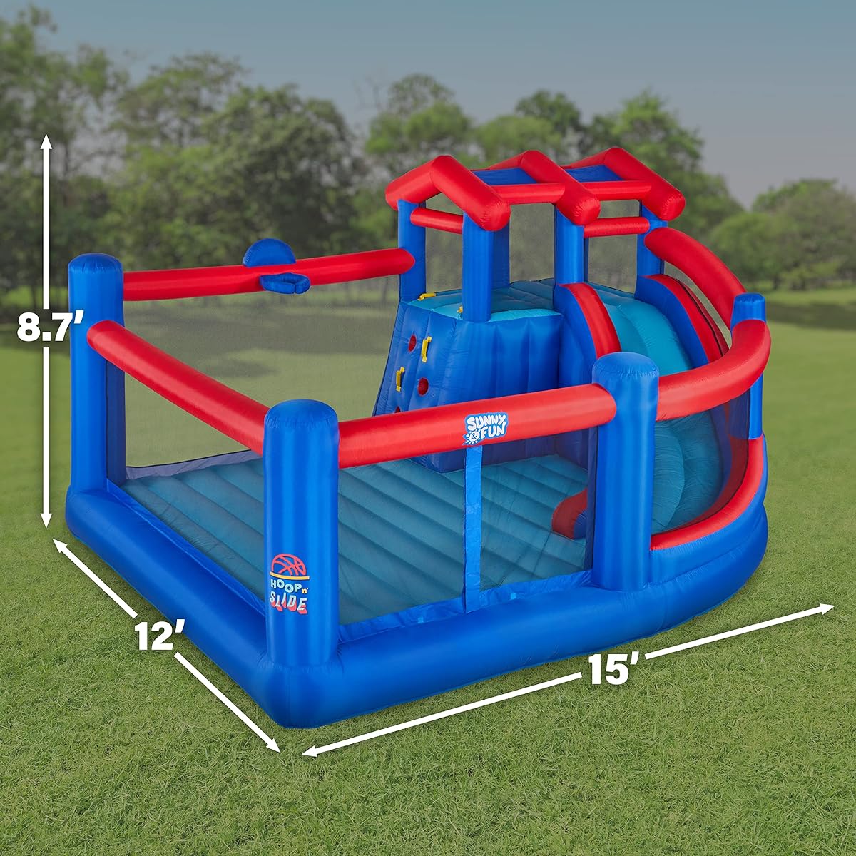 Sunny & Fun Inflatable Hoop and Slide Park - Heavy Duty for Outdoor Fun - Climbing Wall, Slide, Bounce House, Basketball Hoop - Easy to Set Up and Inflate, Includes Air Pump & Carry Case