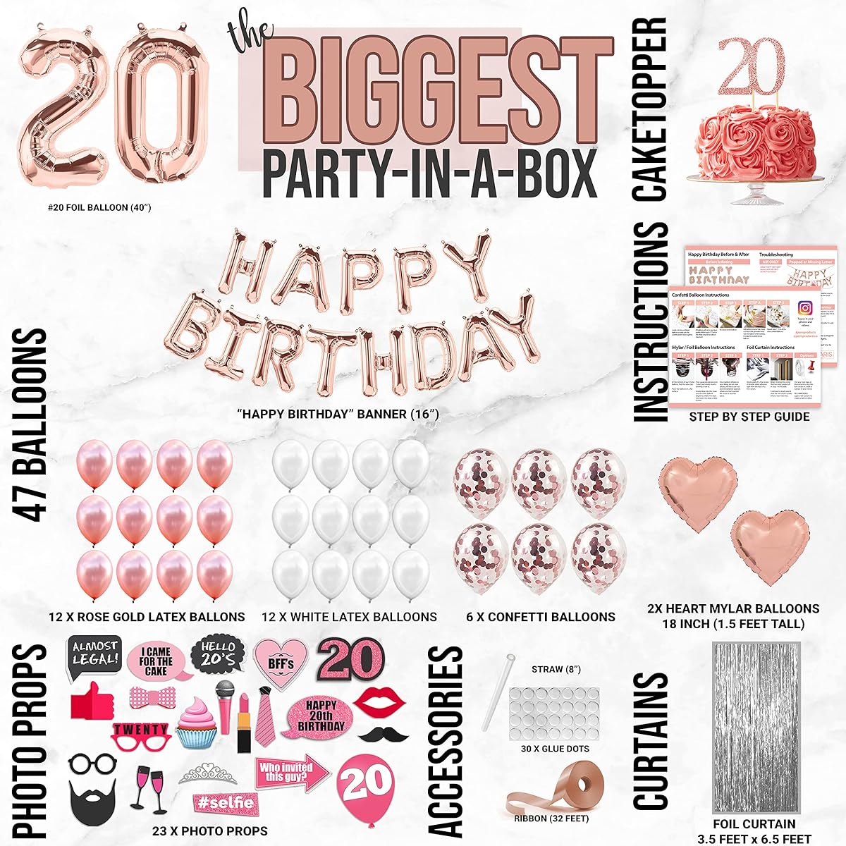 PARIS PRODUCTS 20th Birthday Decorations for Women, 20th Girl Gifts, 20th Birthday Sash, Cheers to 20th Birthday, 20th Birthday Cake Topper, 20 Balloons, 20th Birthday Gifts, 74 Pieces