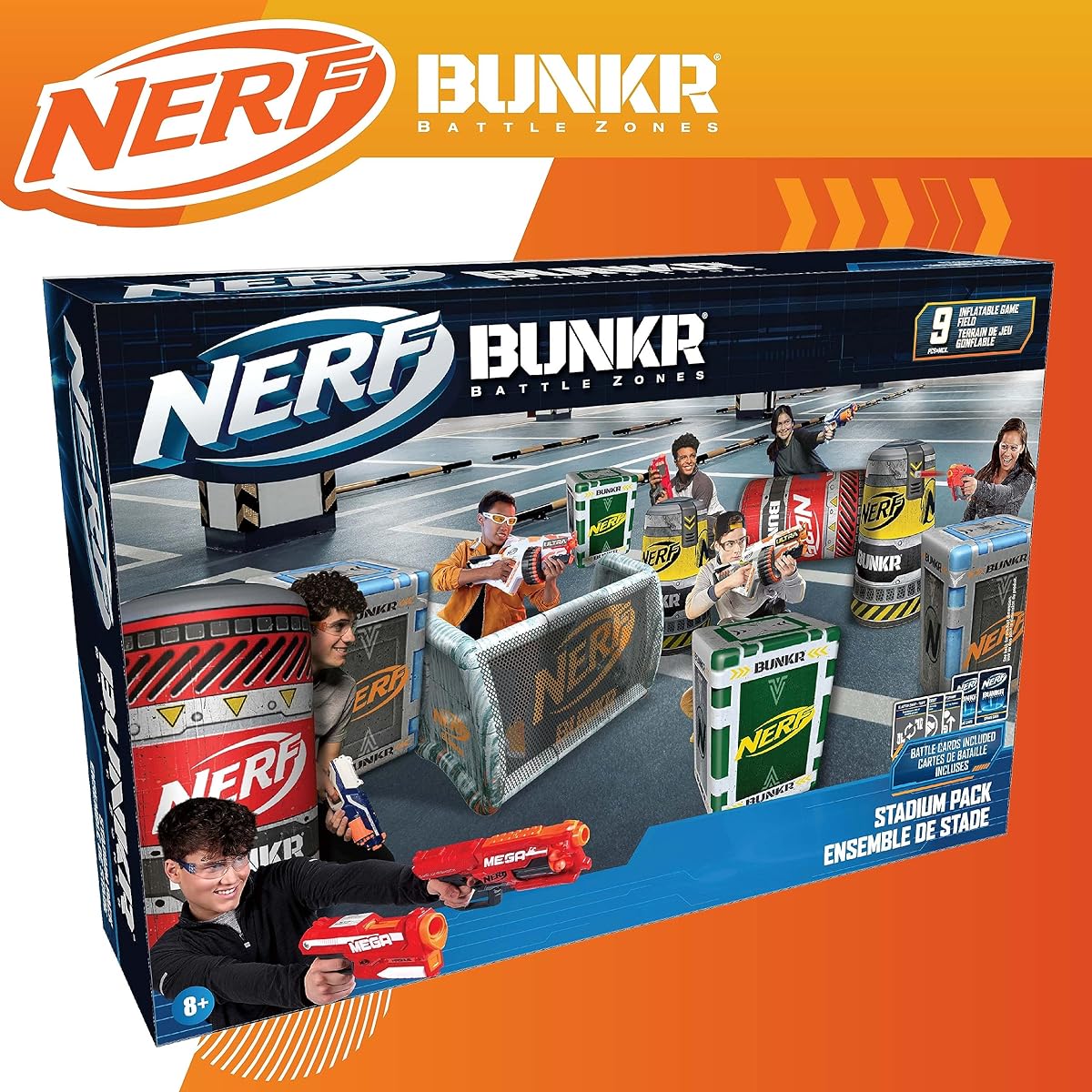 NERF BUNKR Officially Licensed Stadium Pack Inflatable Battle Zone - 9 Piece Barricade Shield Bunker Set - Perfect for NERF Party NERF War Multicolor